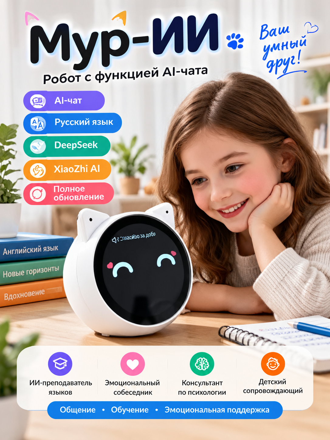 Робот-компаньон Мур-ИИ с функцией AI-чата, сенсорным экраном и русским языком, белый