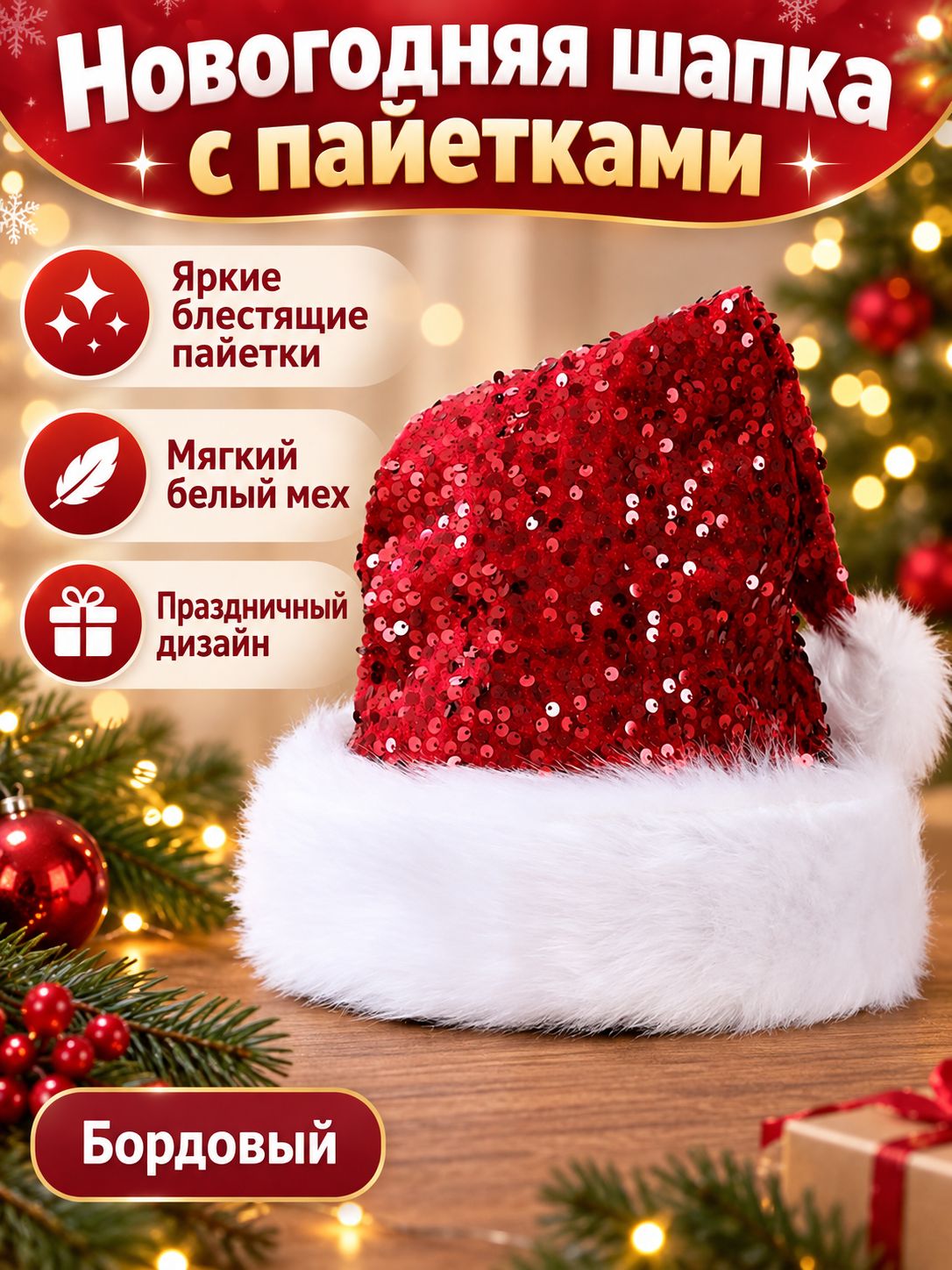 Новогодняя шапка с блестками и длинным мехом, универсальный размер, бордовая
