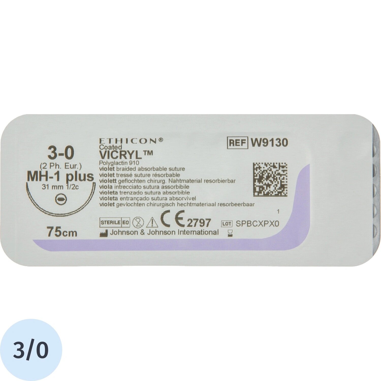 Ethicon Шовный материал хирургический рассасывающийся Ethicon Викрил USP 3/0 75 см колющая игла 31 мм 1/2 W9130 (12 штук в упаковке)
