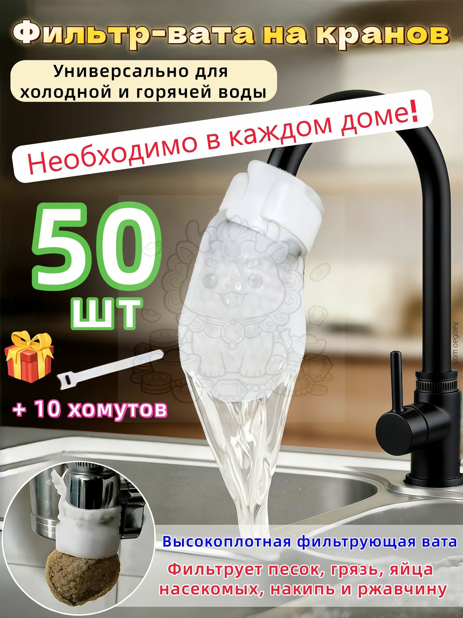 Ватные фильтры для воды, Вата фильтр крана,50 шт + 10 хомута