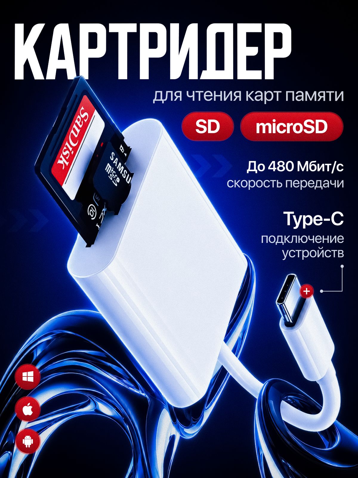Картридер Type-C для micro SD и SD карт памяти, микро сд переходник для телефона (iPhone и Android), ноутбука, компьютера