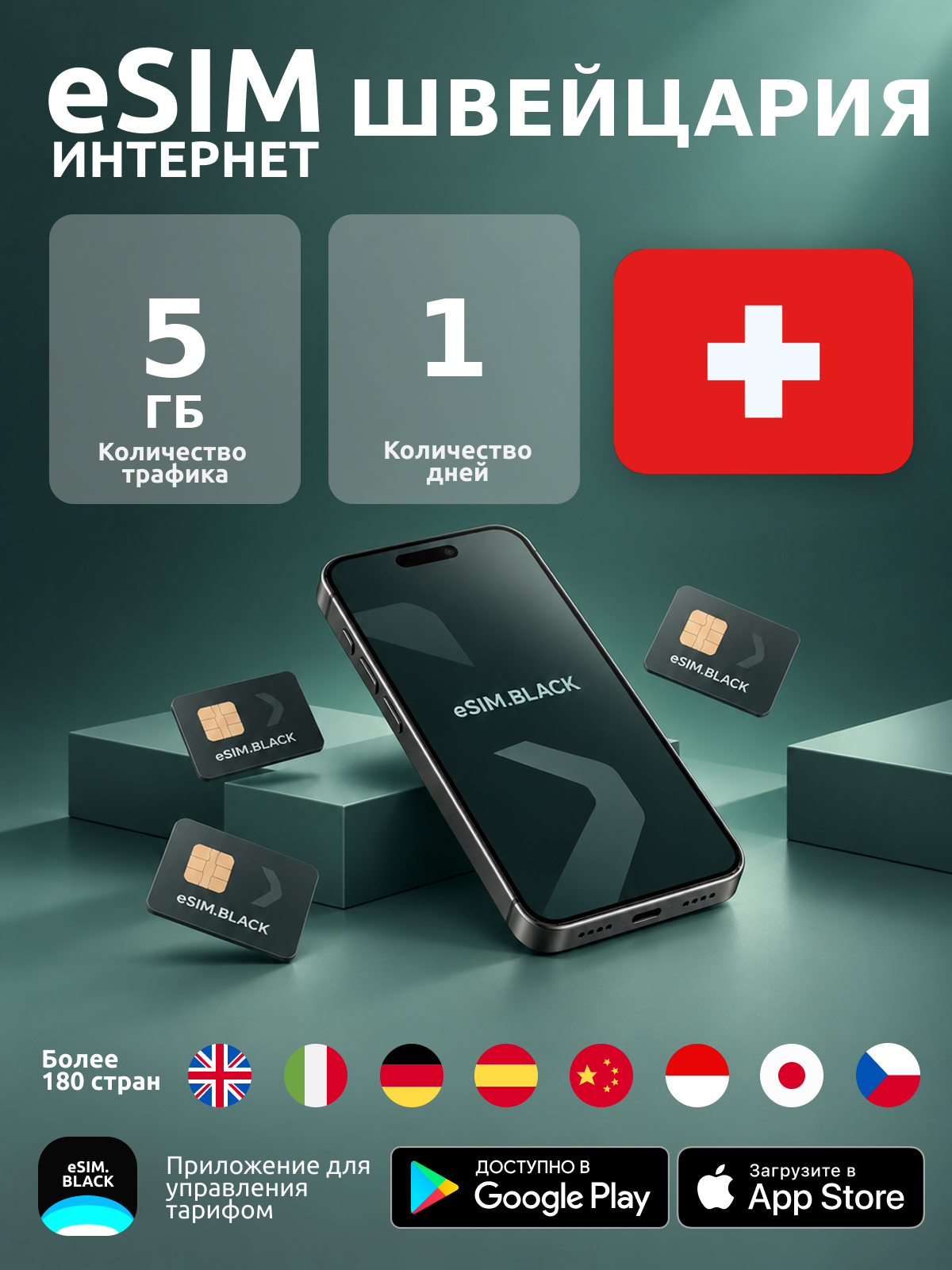 Швейцария/1 день/5 ГБ - eSIM для мобильного интернета ( iPhone | Android ).