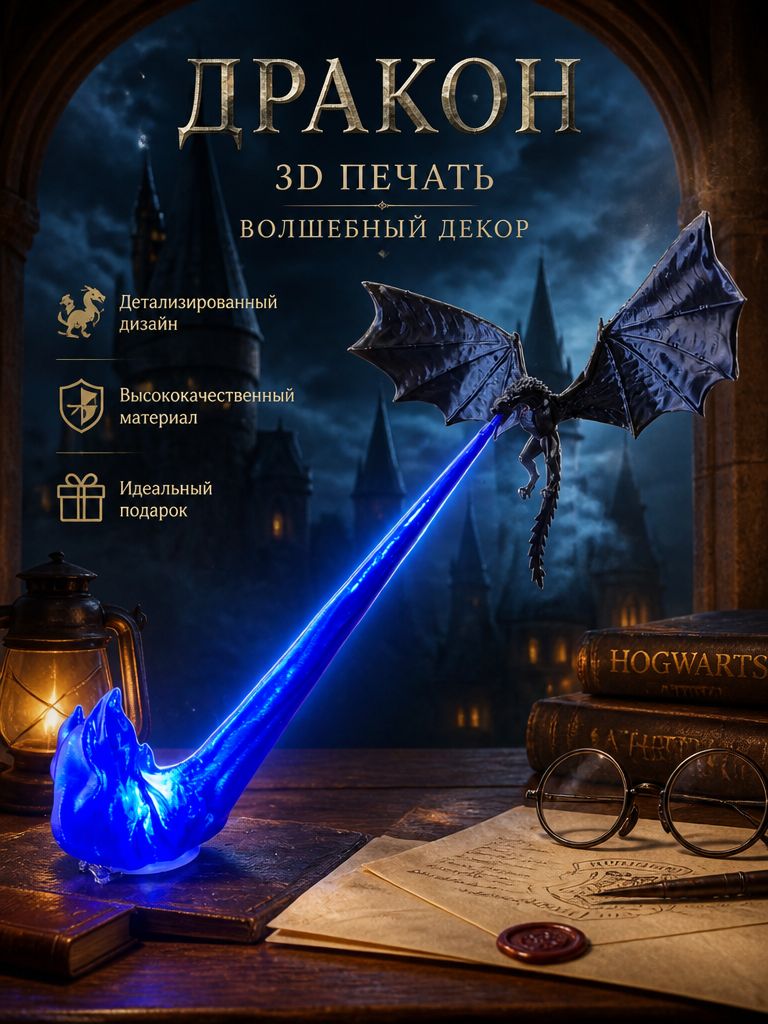 3D-печатная светящаяся фигурка дракона, извергающего огонь, в виде углового светильника для книжной полки