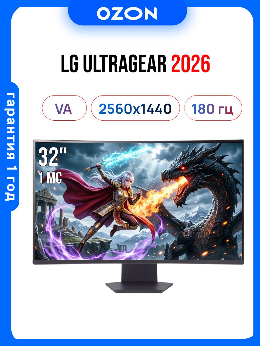 LG 32" Монитор UltraGear 32GS60QC-B (32GS60QC-B. ARUQ), VA, 2560x1440 2K, 180 Гц, Изогнутый экран, черный