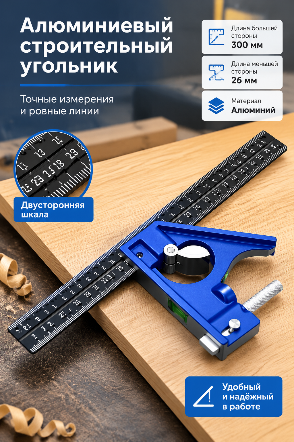 Алюминиевый строительный угольник 300×26 мм с двусторонней шкалой
