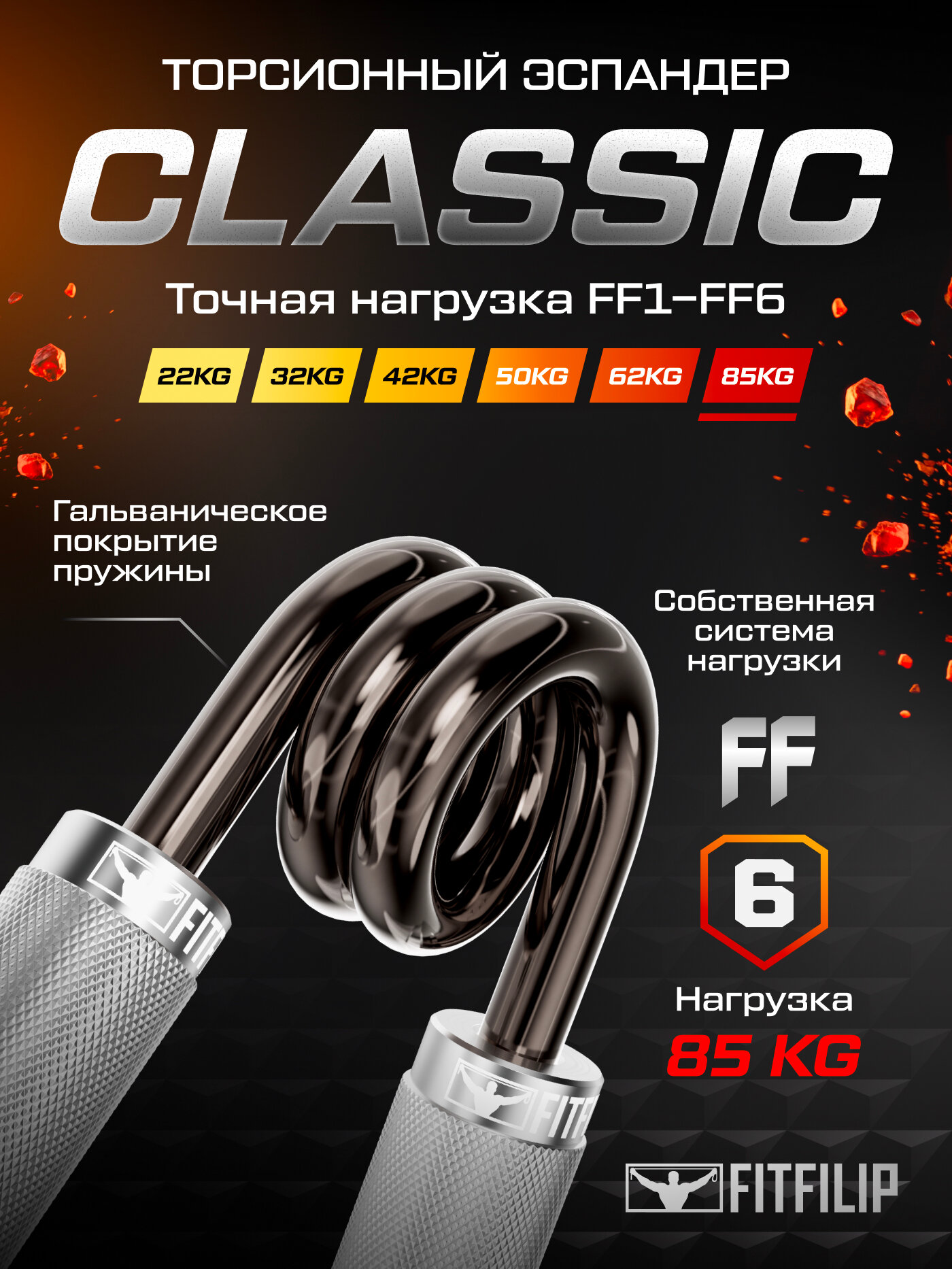 Эспандер кистевой пружинный FITFILIP Classic, FF6, 85 кг, торсионный, металлический