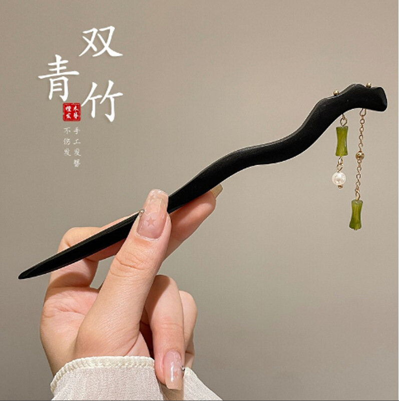 Double Green Bamboo Hairpin Wig Braid for Chinese Style Low Ponytail, Traditional Hair Accessory