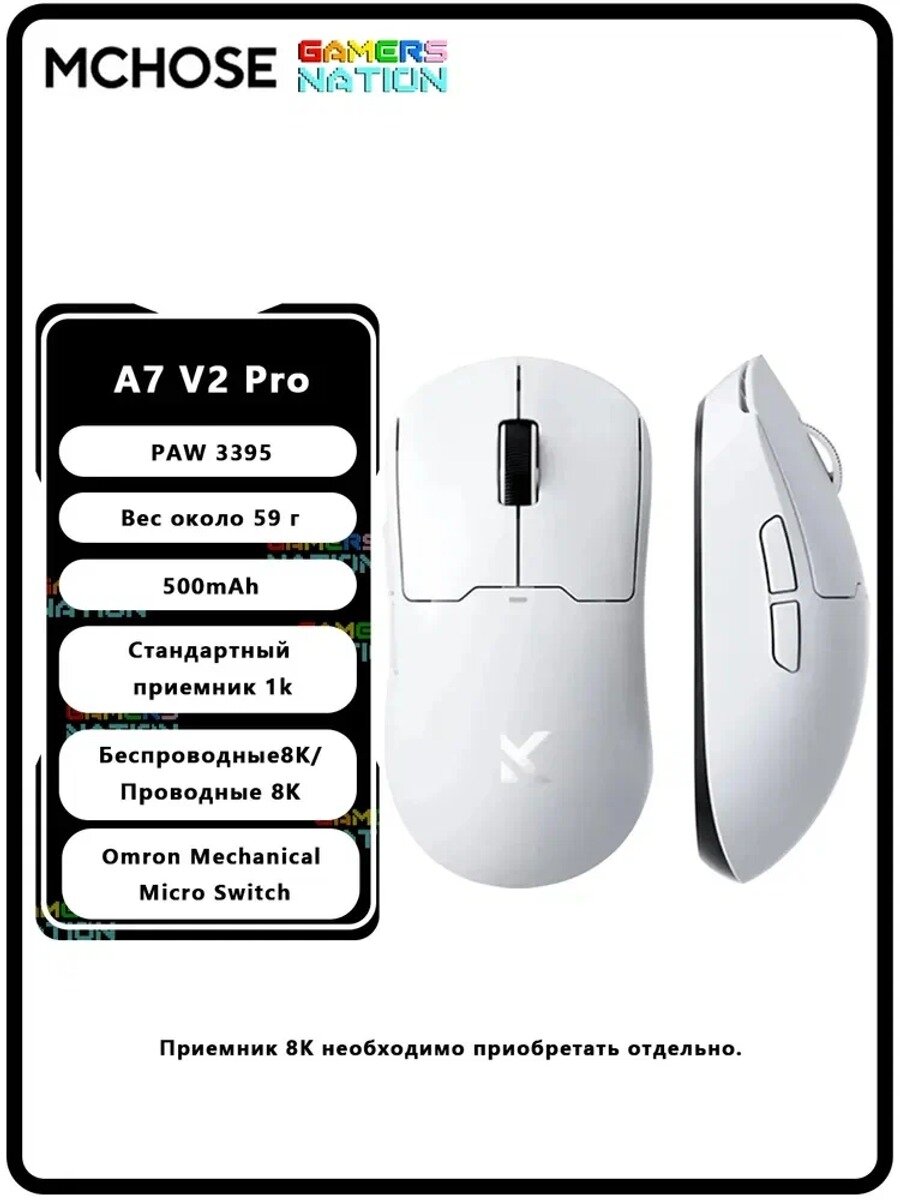 MCHOSE Игровая мышь беспроводная A7 V2 PRO, белый, светло серый базовая модель серии