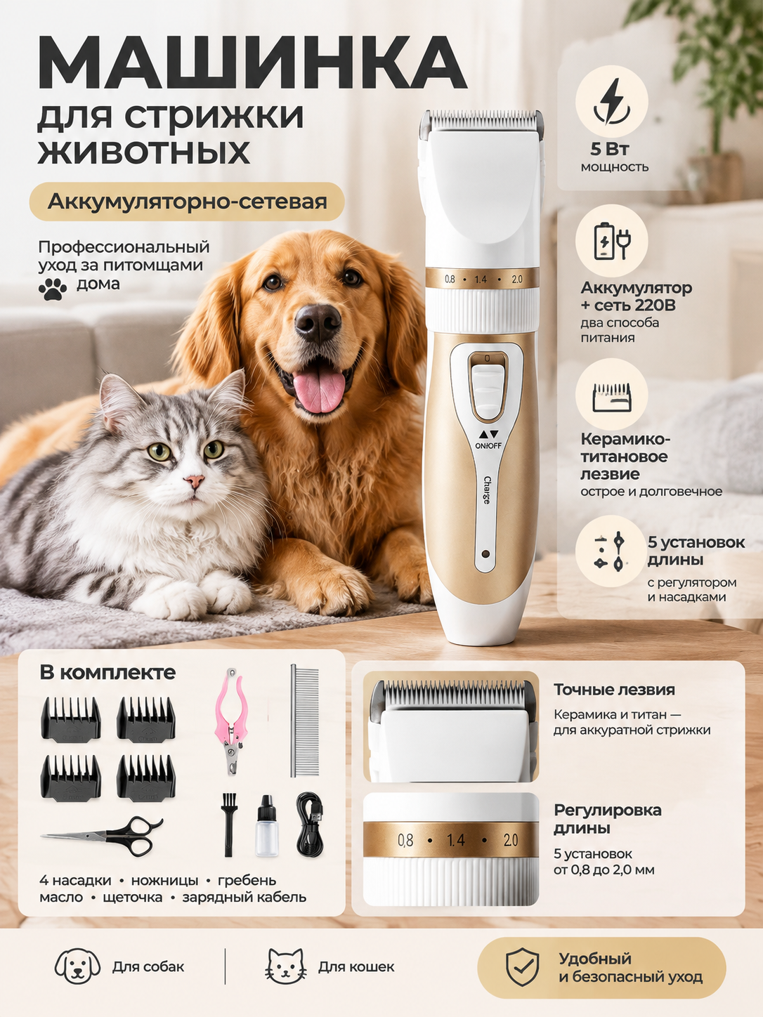 Аккумуляторно-сетевая машинка для груминга кошек и собак, 5 Вт, 4 насадки