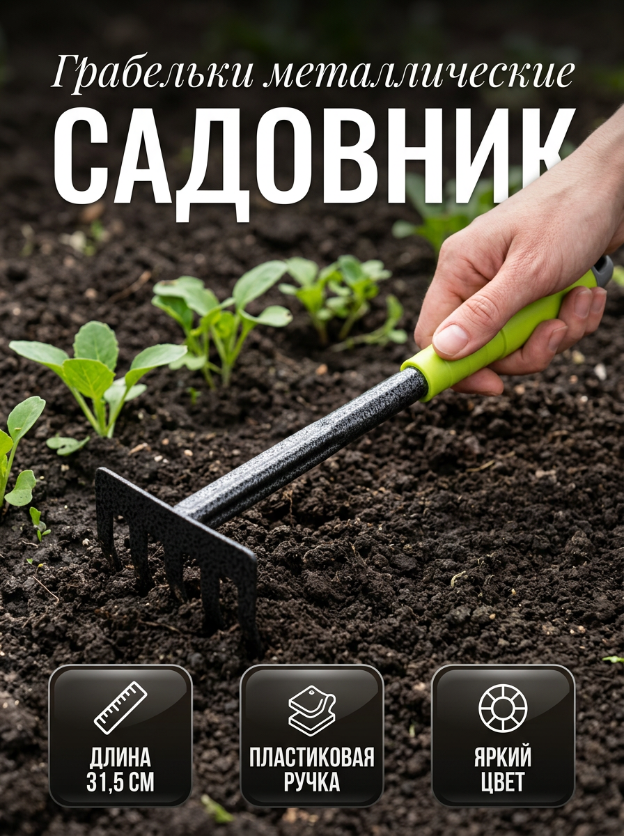 Грабельки маленькие "Садовник" 31,5см металлические садовые, пластиковая ручка "ДоброСад"