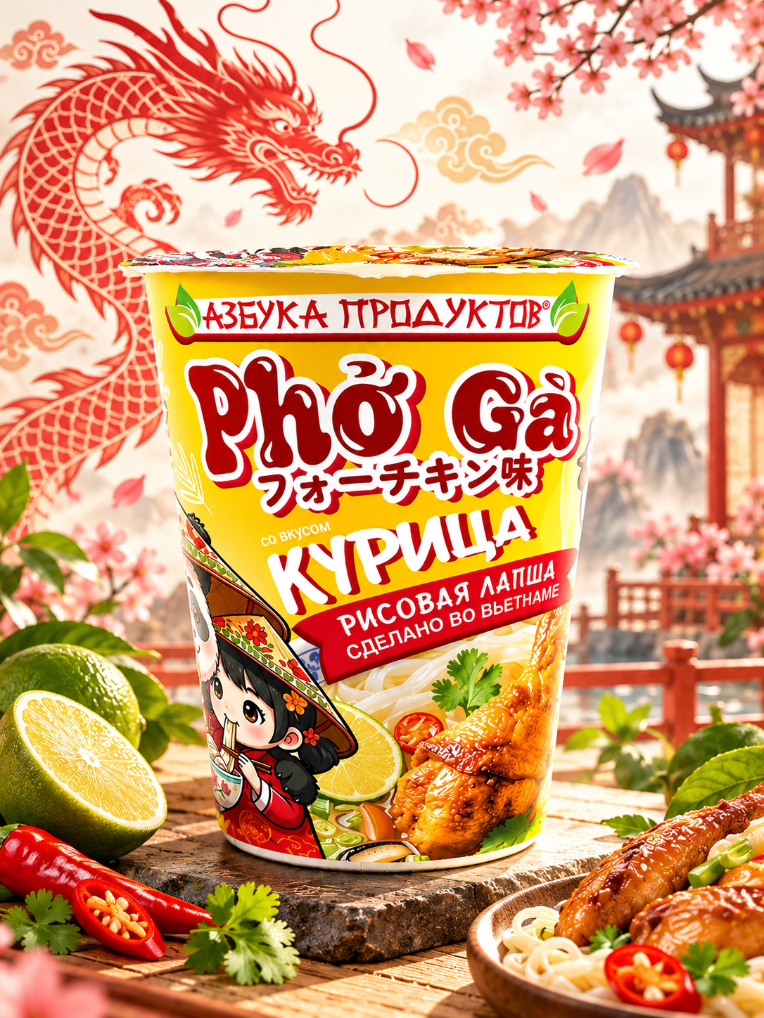 Лапша быстрого приготовления KING PHO рисовая со вкусом курицы 61 г, Вьетнам