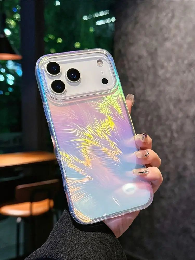 Чехол для iPhone 17 Pro Max с перьевым покрытием, меняющий цвет под светом, голографическим эффектом, TPU+PC