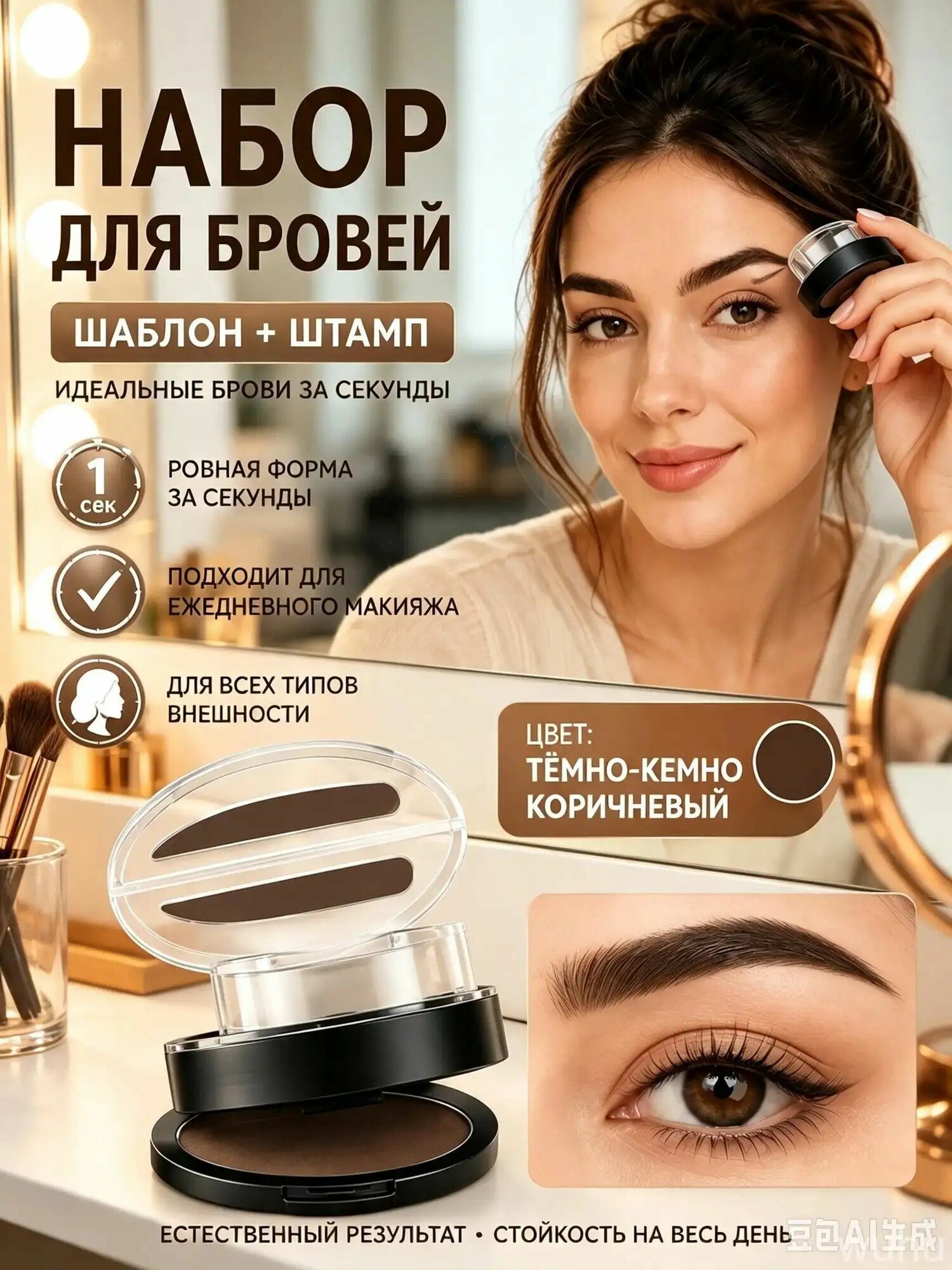 Набор для бровей: шаблон, штамп, определенный тон (темно-коричневый)
