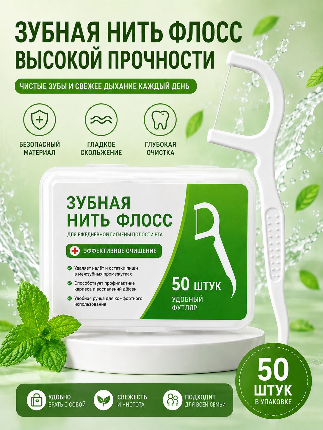 1 пачка. Зубная нить, зубочистка, флосс. Футляр для удобного хранения. Цвет белый.