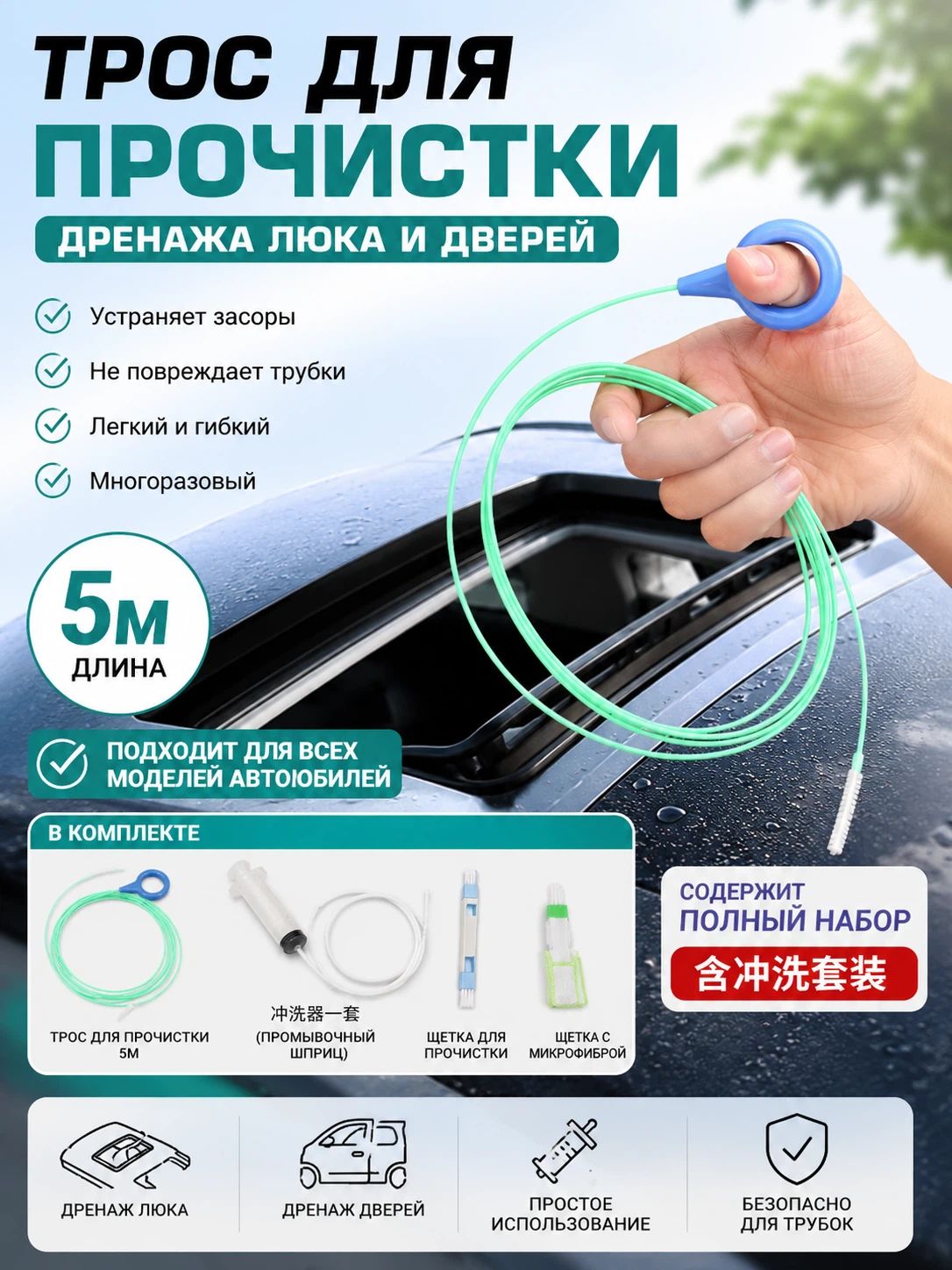 Трос для прочистки дренажных отверстий люка и дверей автомобиля 5м, набор для очистки слива с промывочным шприцем, гибкий инструмент для всех марок авто