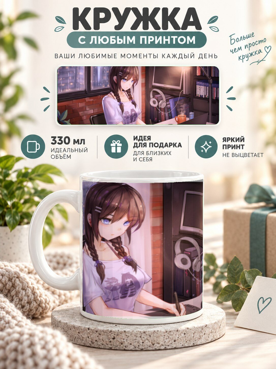 Кружка MoodRoom 330 мл, керамическая, глянцевая, с принтом аниме-девушки, дизайн UG33037717