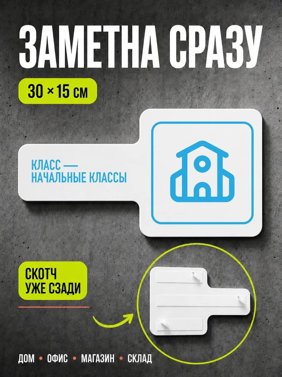 Табличка Класс — начальные классы 30×15 см, голубая, PETG, на двустороннем скотче