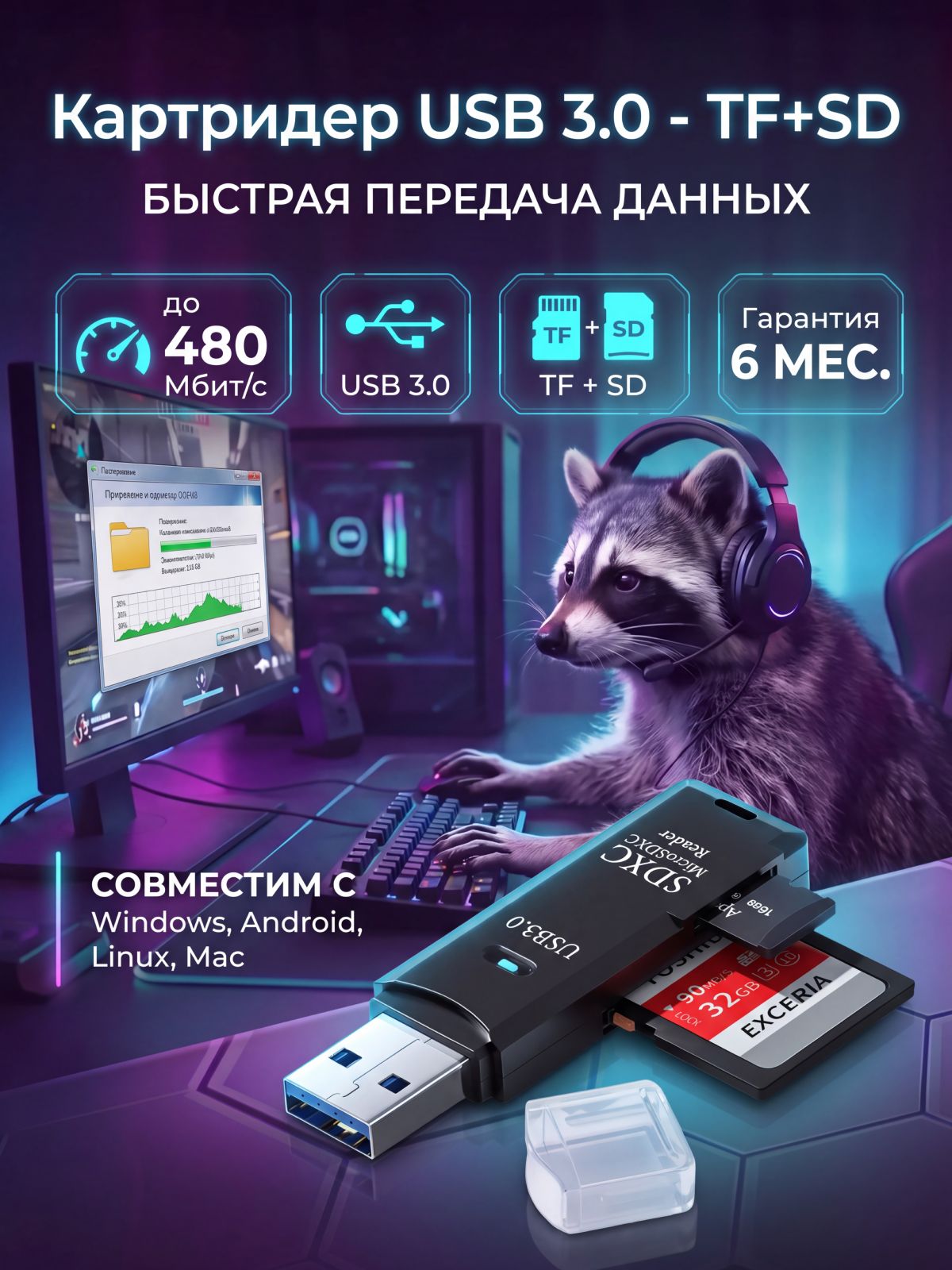 Картридер USB 3.0 для micro SD, SD / переходник для карты памяти / адаптер для флешки микро СД