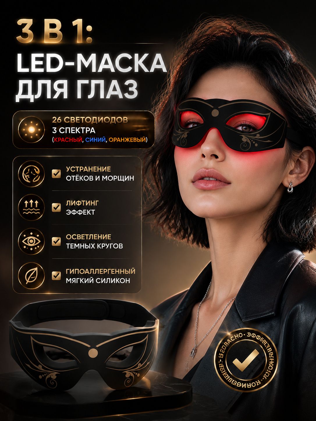 Силиконовая LED маска для лица с 3 режимами света, аккумуляторная, с таймером и чехлом, для кожи вокруг глаз