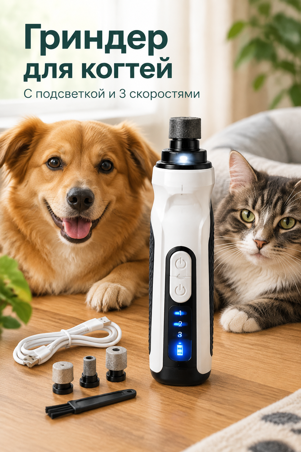 Аккумуляторный гриндер для когтей кошек и собак с подсветкой и 3 скоростями