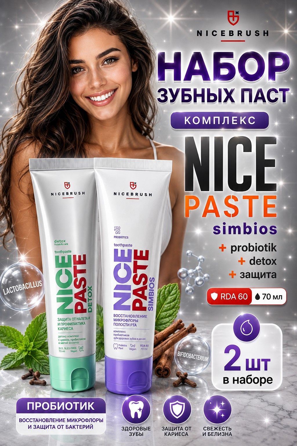 Профессиональная зубная паста для чувствительных зубов и десен NICE PASTE DETOX + зубная паста без фтора с пробиотиками NICE PASTE SIMBIOS / противовоспалительная, от кариеса, без фтора. 70мл.