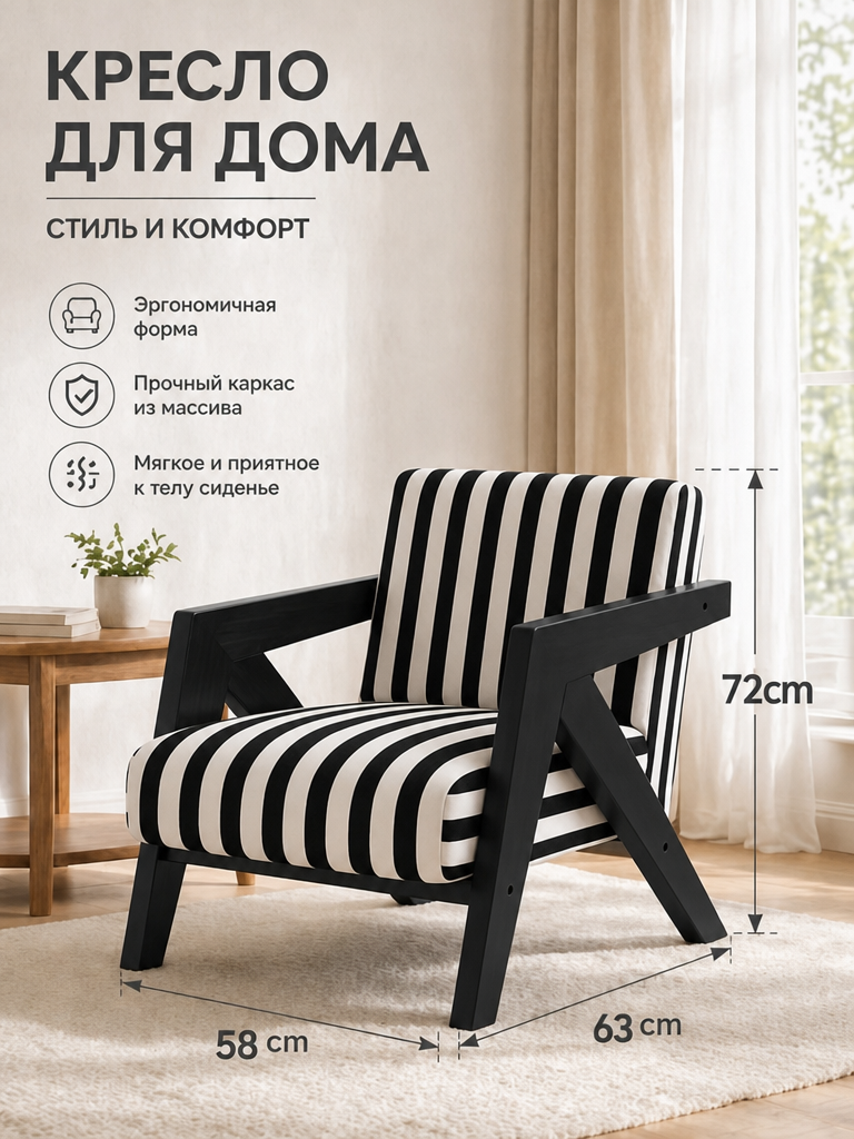 Стильное кресло для дома с обивкой из жаккарда, чёрно-белый узор, чёрные ножки