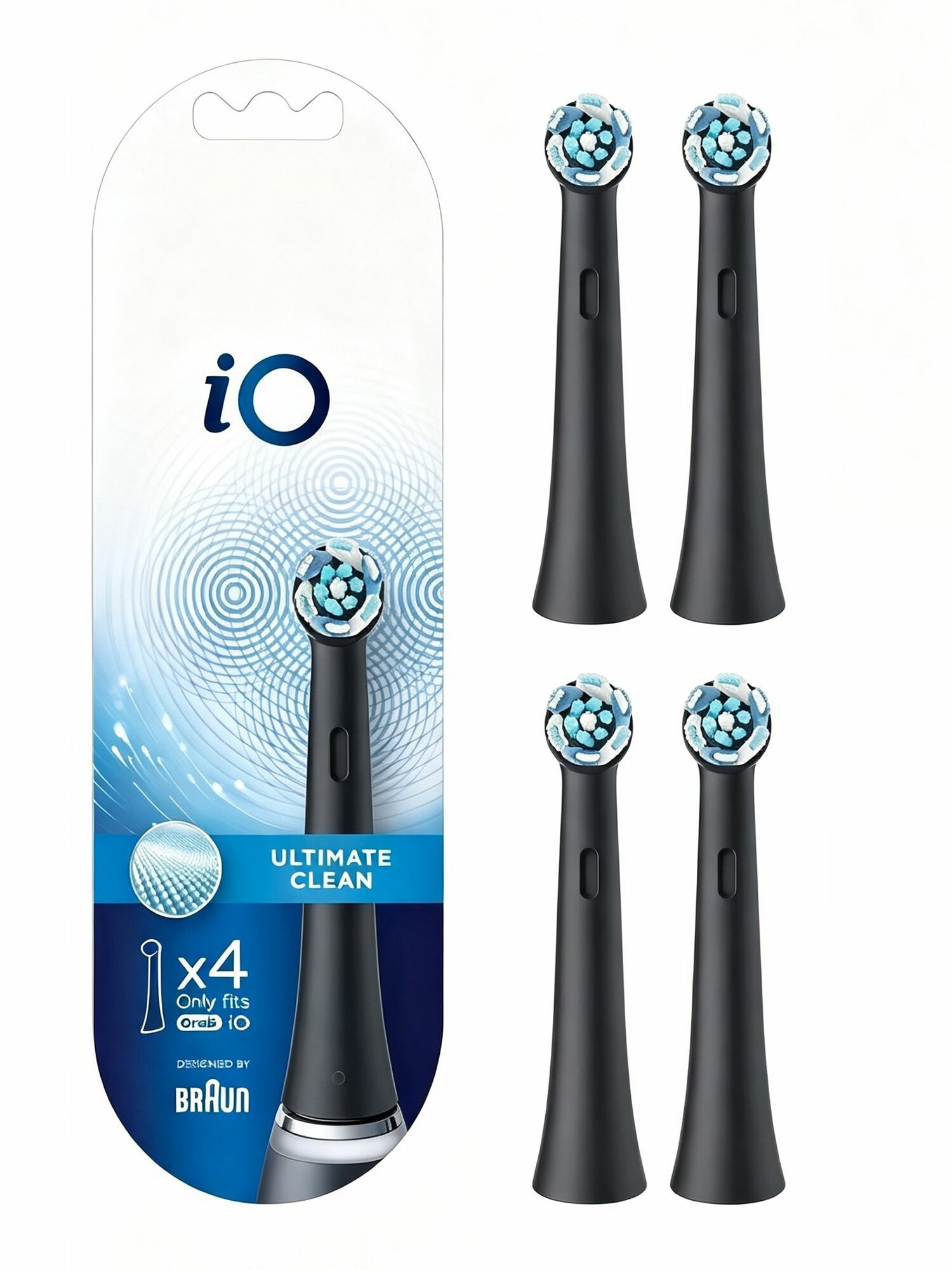 IO Набор сменных головок для электрических зубных щеток Ultimate Clean Black из 4 частей, скрещенные щетинки, для зубных щеток серии iO, индикатор износа, черный