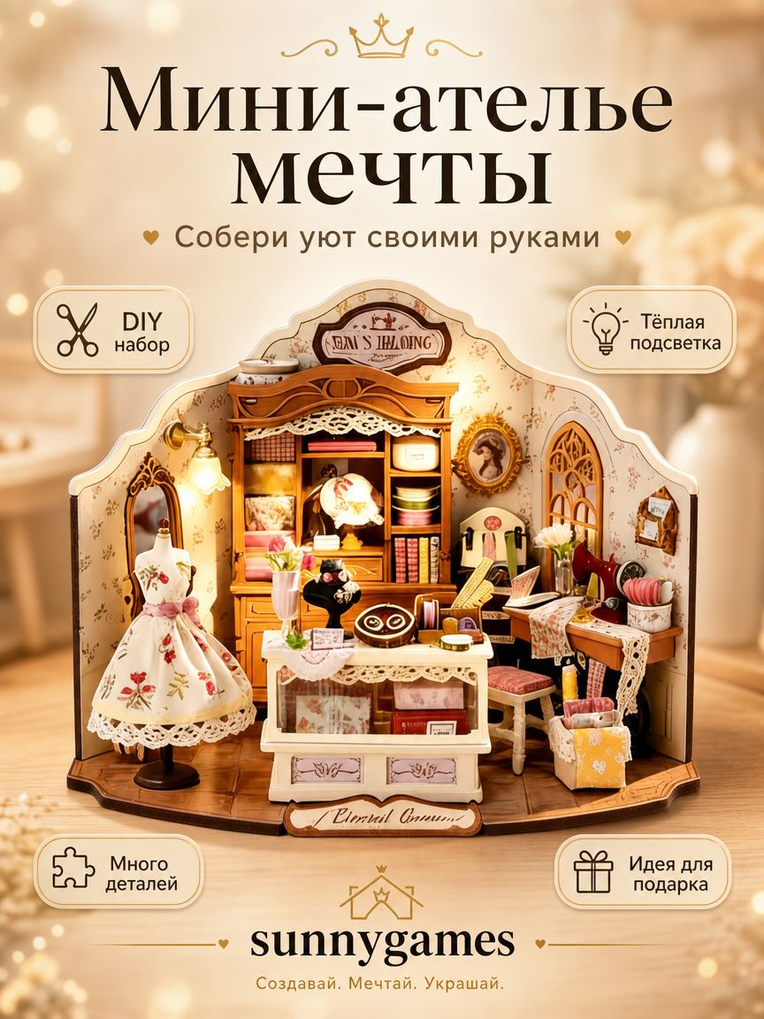 Без клея, Rolife Румбокс"Ателье Эльзы"/Подарочный Интерьерный конструктор