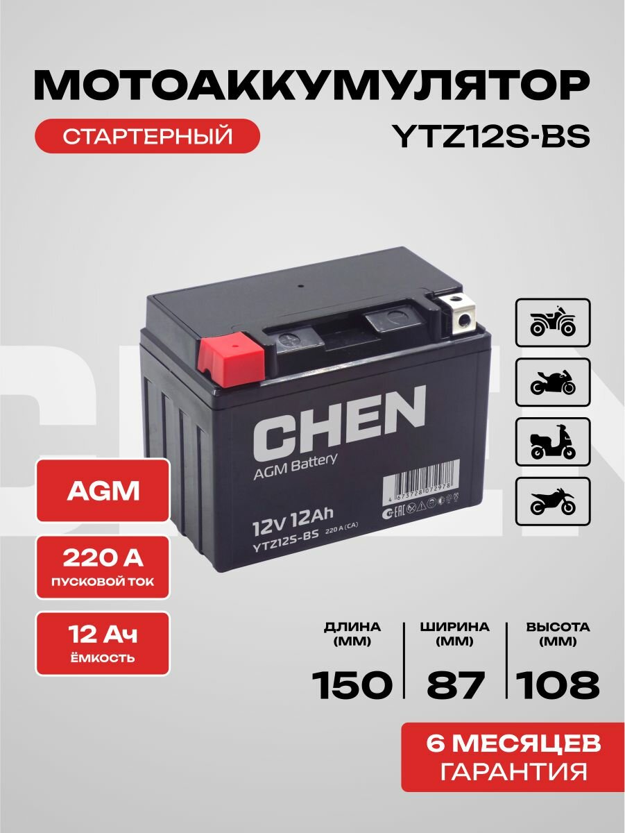 Аккумулятор для мотоцикла CHEN AGM 12В 12 А*ч п. п, YTZ12S (220 А)