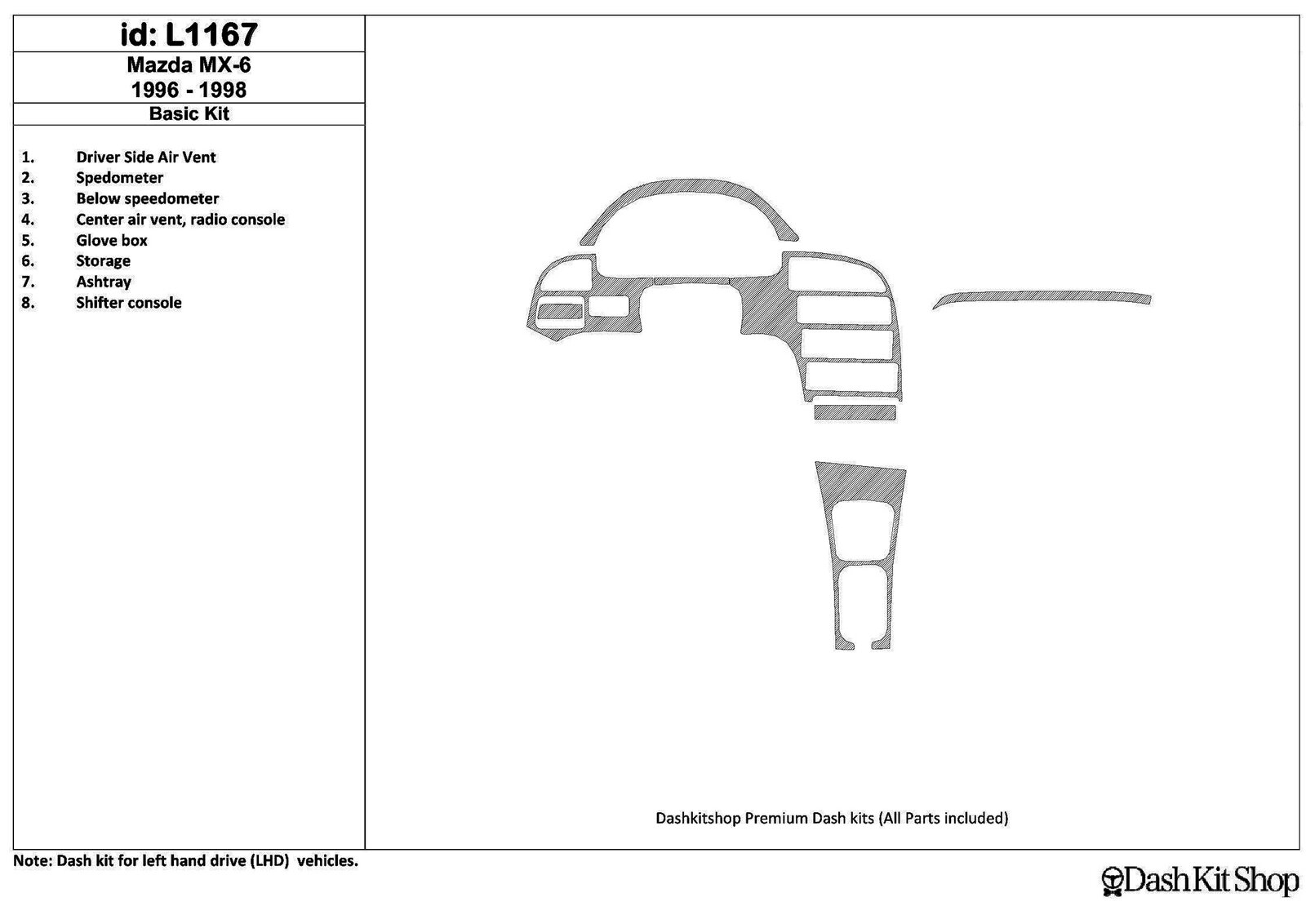 Декоративные накладки салона для Mazda MX-6 1996-1998. Комплект L1167.