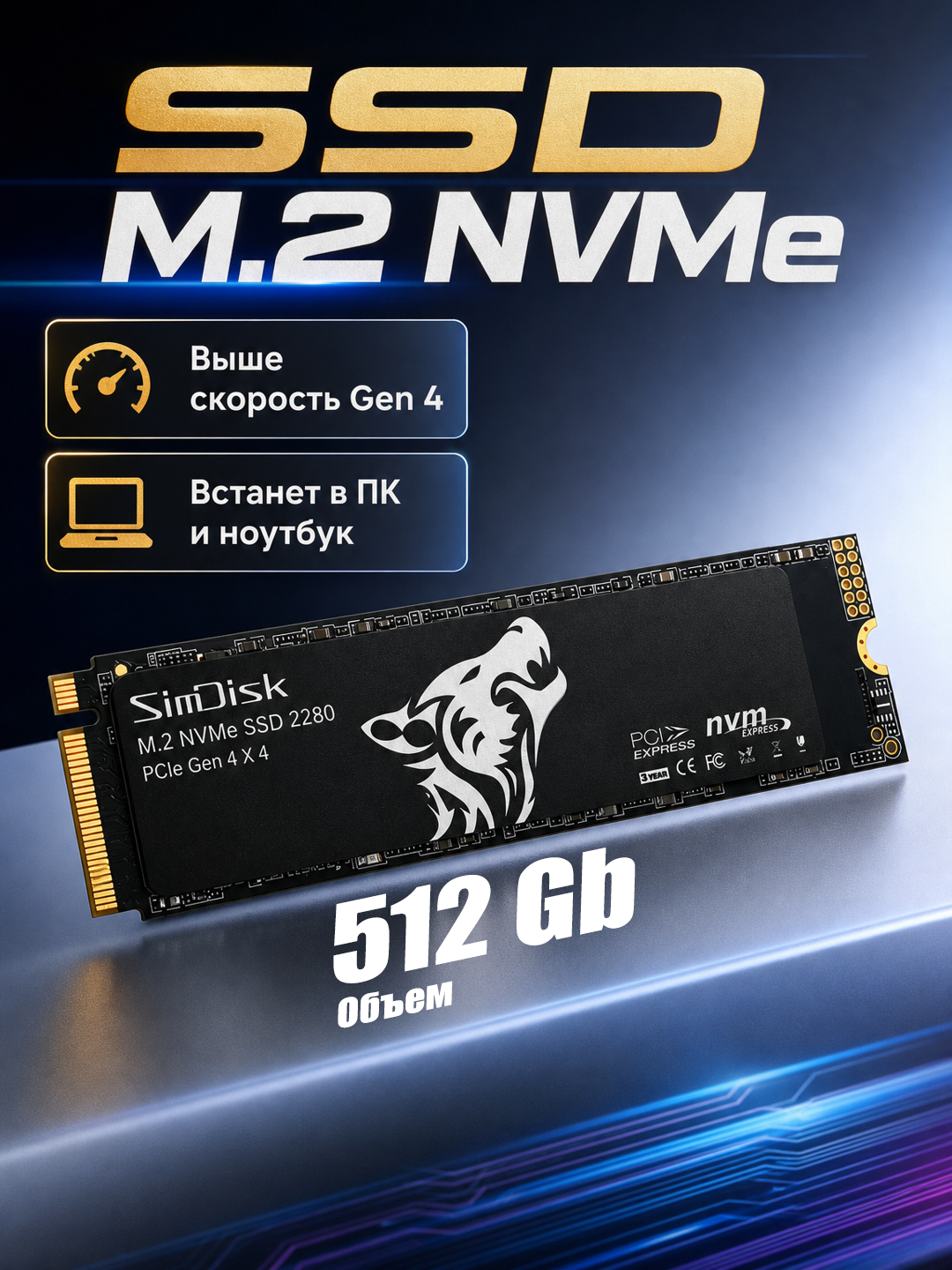 Накопитель M2 SSD NVMe PCIe 4.0x4 512 gb simdisk