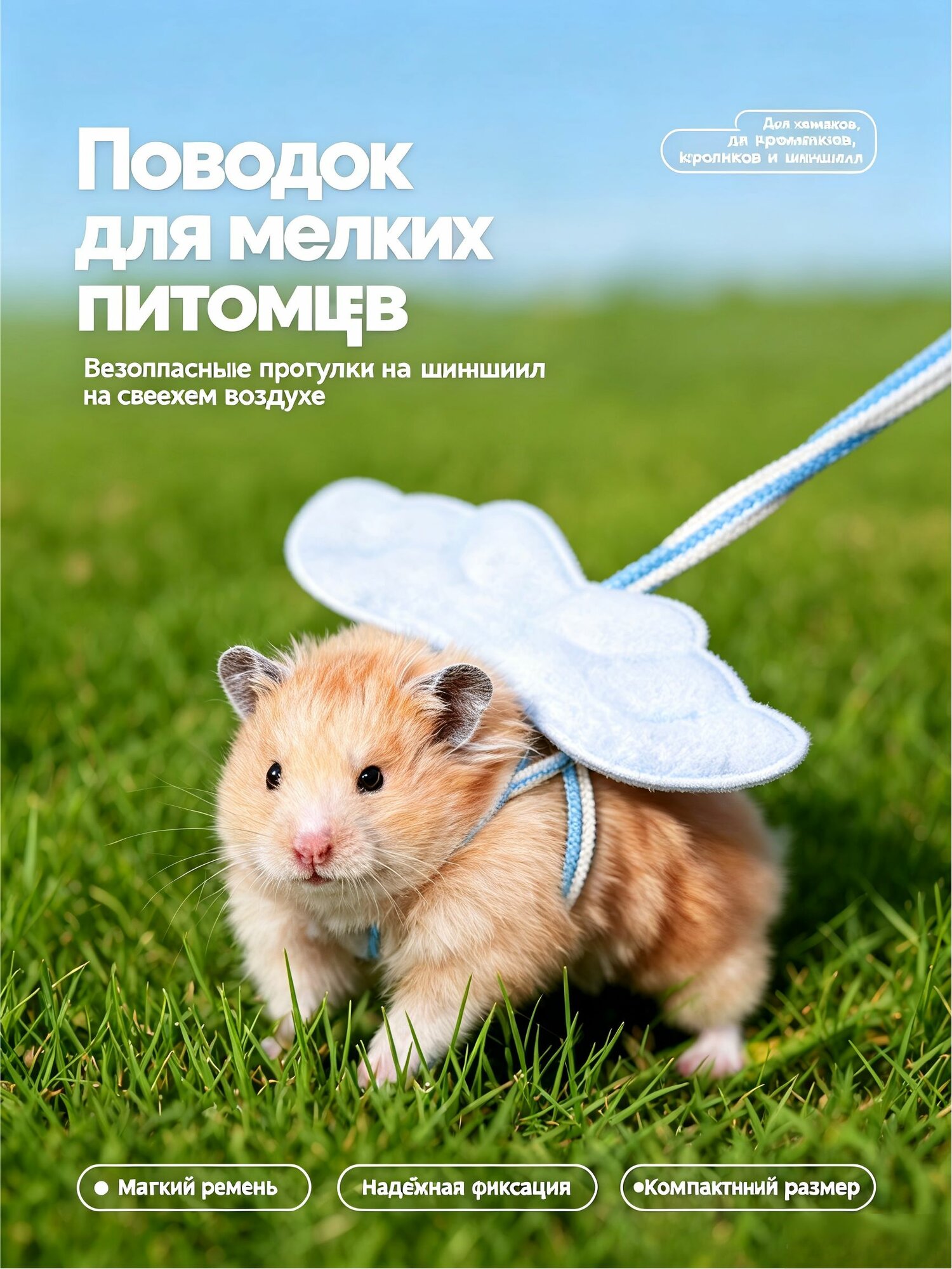 Шлейка-поводок для хомяка, сирийского хомяка, морской свинки и крысы, регулируемая, с защитой от побега, голубая, поводок 1,5 м