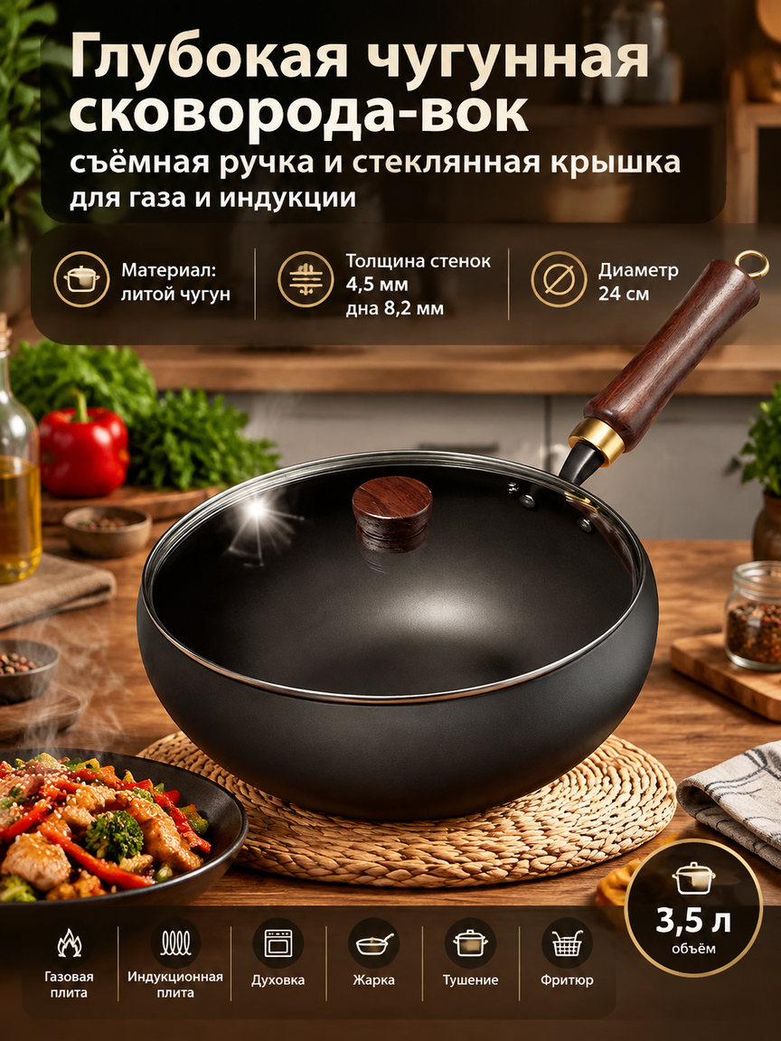 Глубокая чугунная сковорода-вок 24 см, съёмная ручка и стеклянная крышка, для газа и индукции