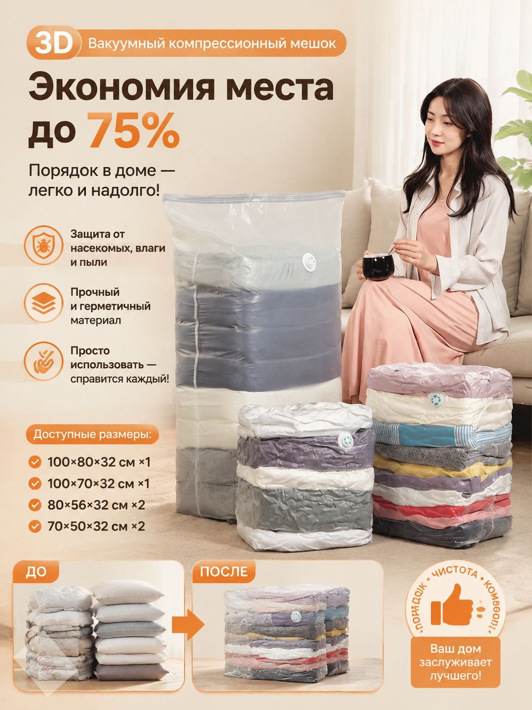 Вакуумные пакеты для хранения одежды и одеял, набор 6 шт с клапаном