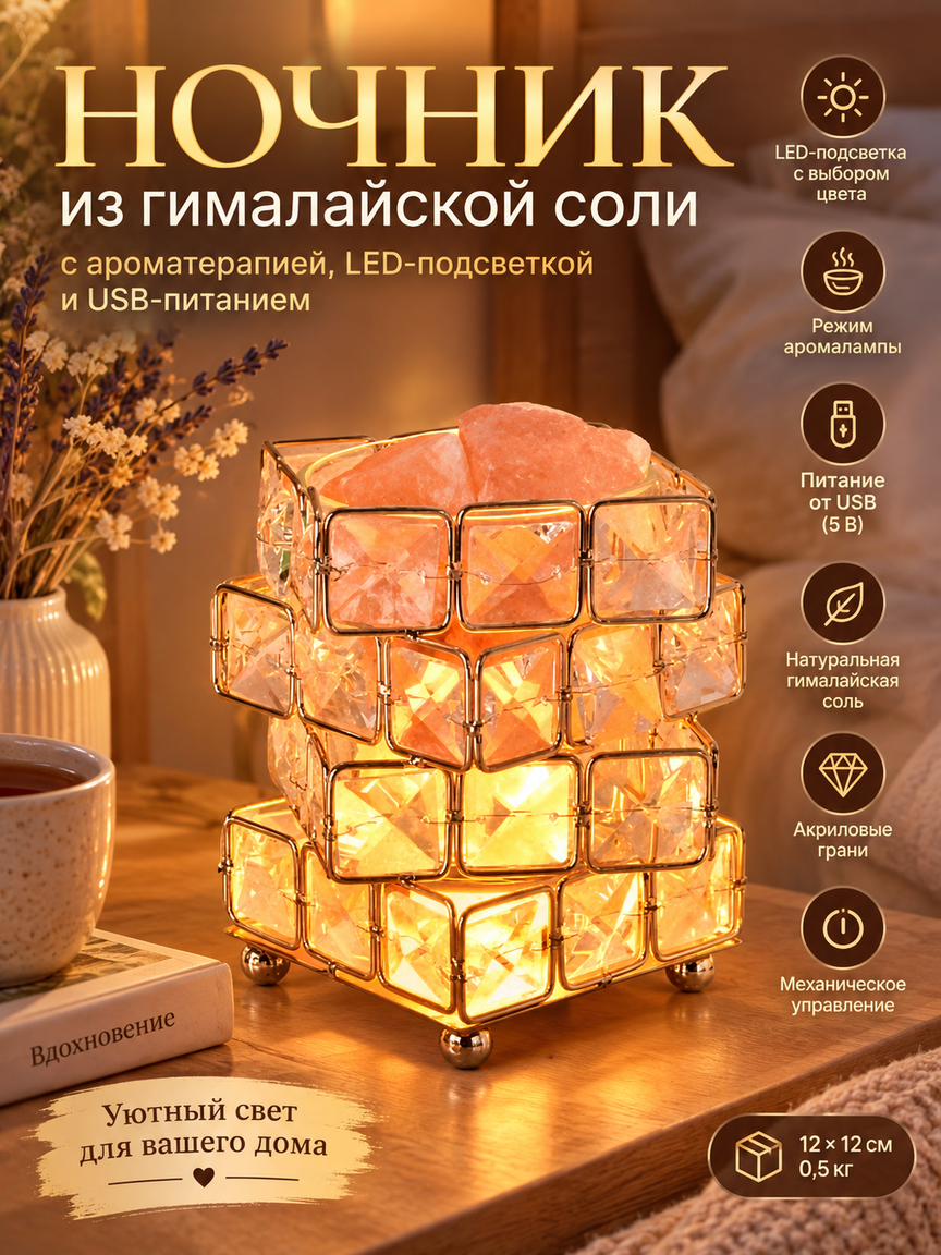 Ночник из гималайской соли с прозрачным плафоном, аромалампа с USB-питанием и LED-подсветкой