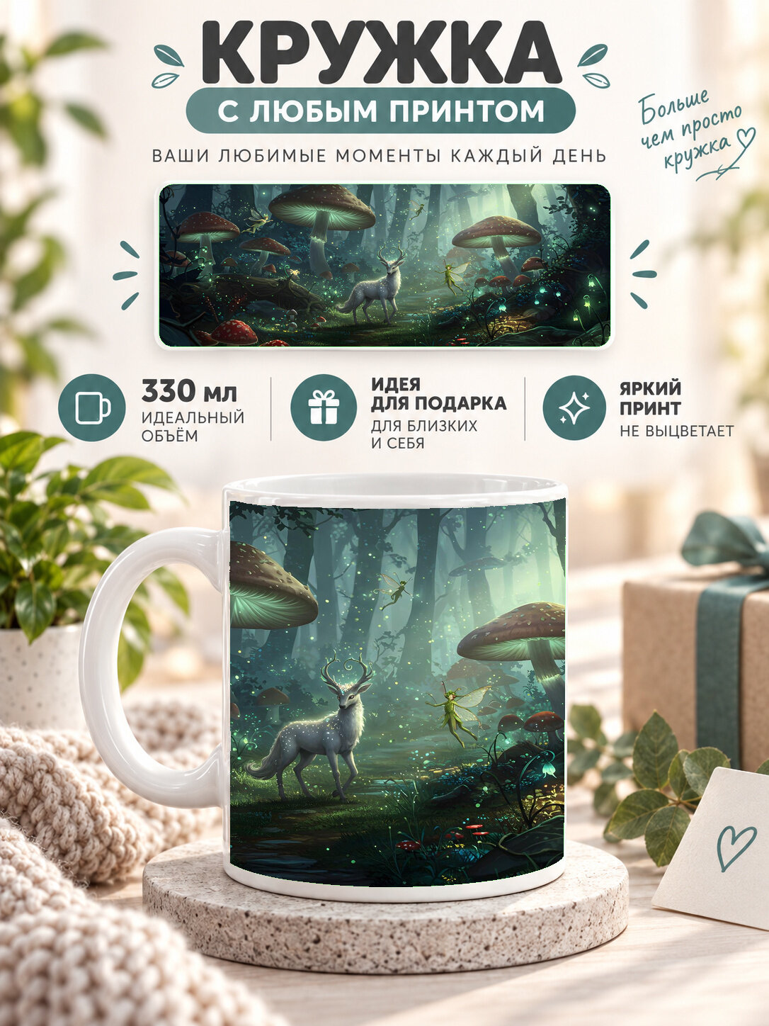 Кружка MoodRoom 330 мл, керамическая, глянцевая, белая с принтом enchanted deer and fairies in fanta, дизайн MUG3302505