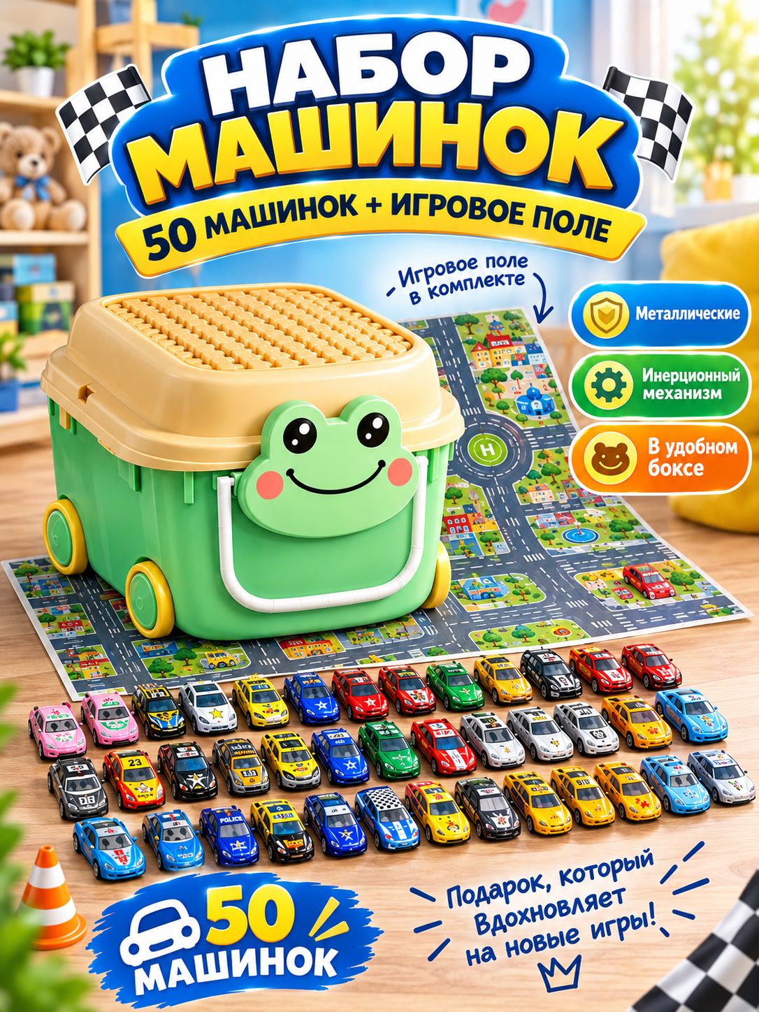 Игровой набор металлических машинок для мальчиков детский, 50 штук в боксе
