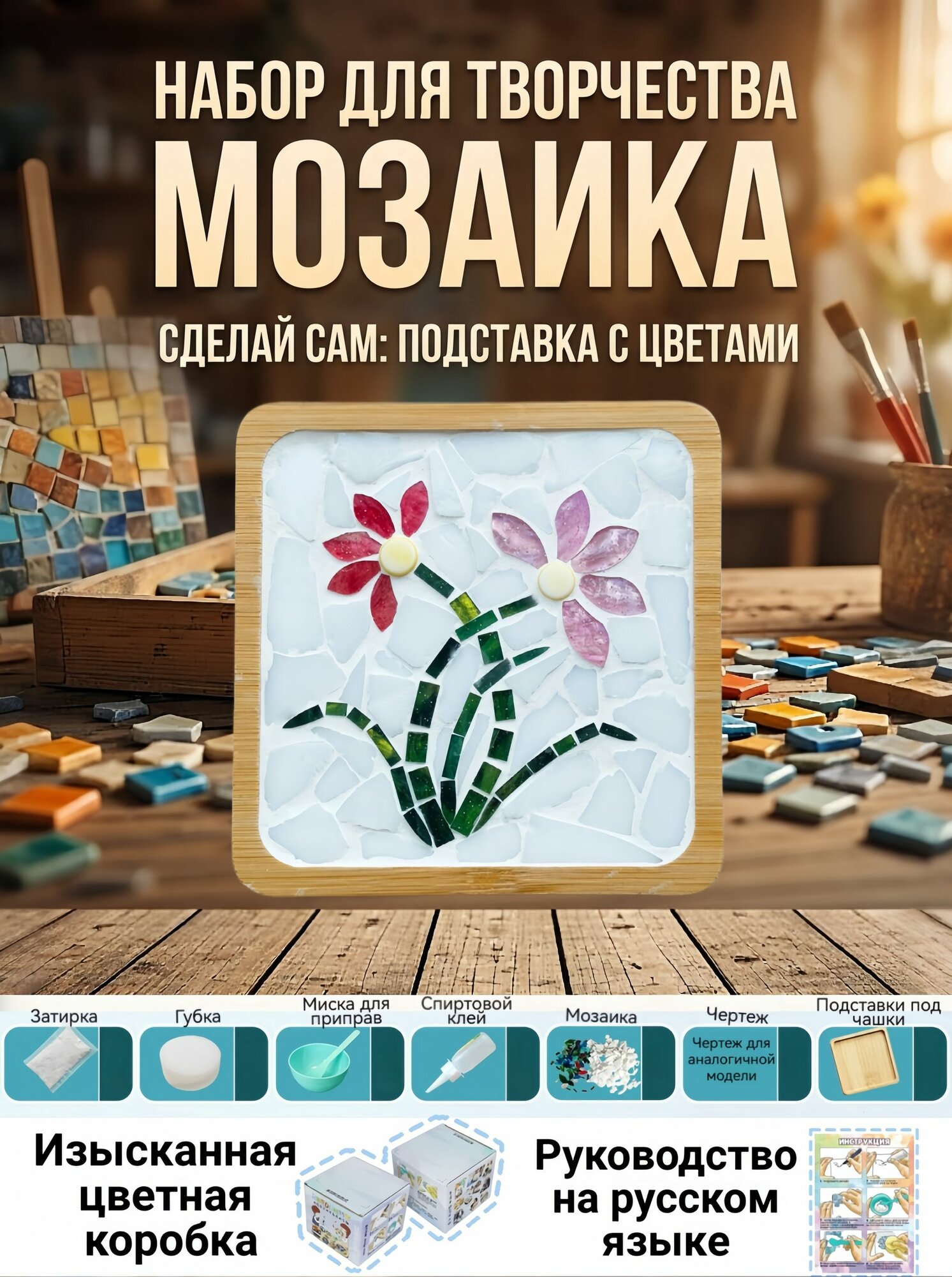 Набор для творчества DIY мозаика, деревянная подставка под кружку своими руками, рукоделие для детей и взрослых