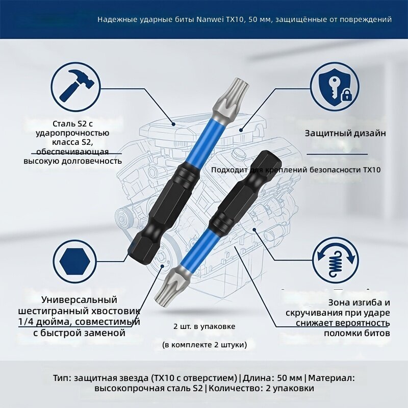 Набор ударных бит PH2 50 мм, 2 шт, типы PH/PZ/SL/HEX/TORX, высокопрочные ударопрочные противоскользящие, для бытового ремонта, промышленной сборки и автомобилей