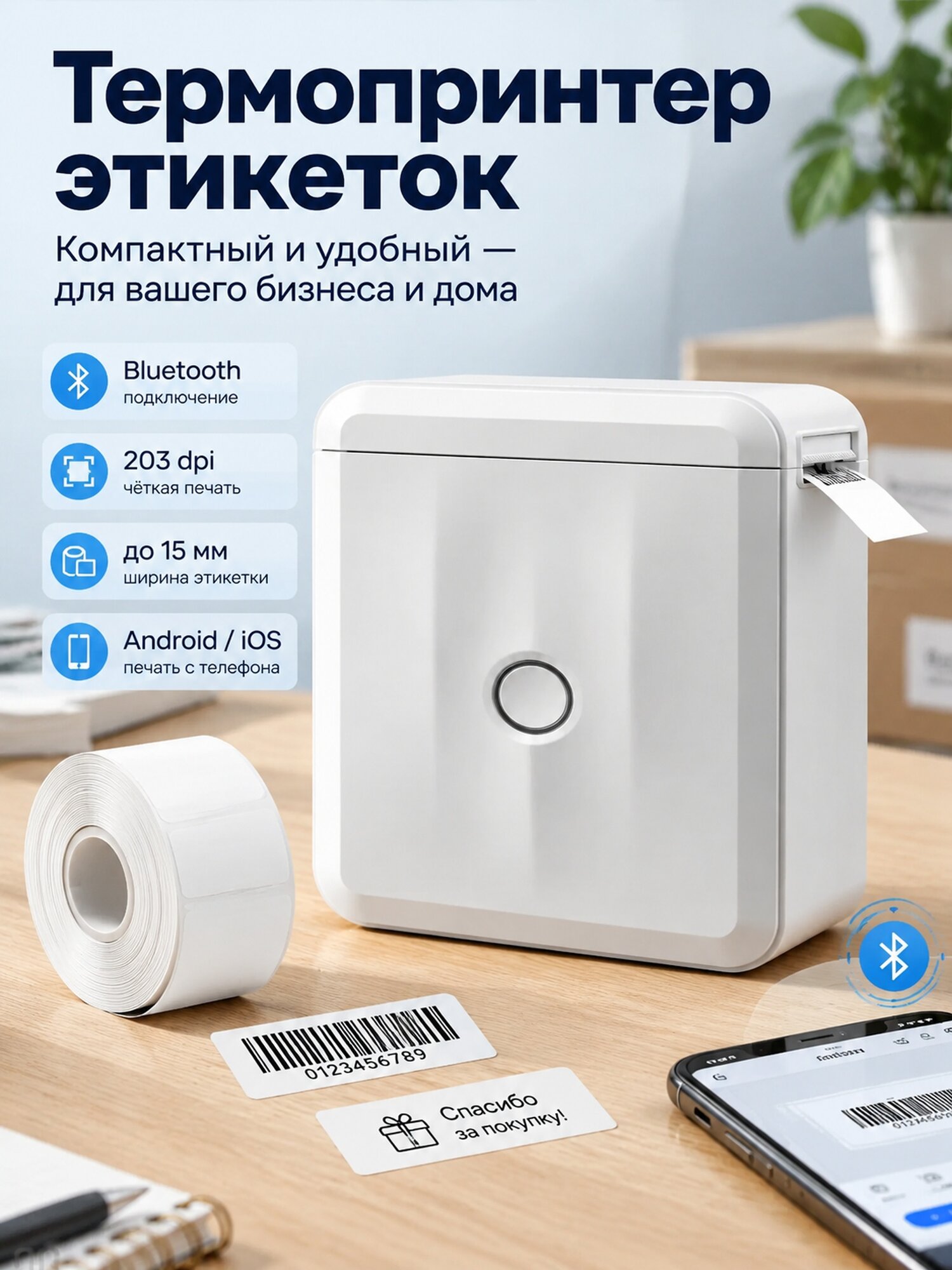 Термопринтер этикеток шириной до 15 мм с Bluetooth, 203 dpi, белый