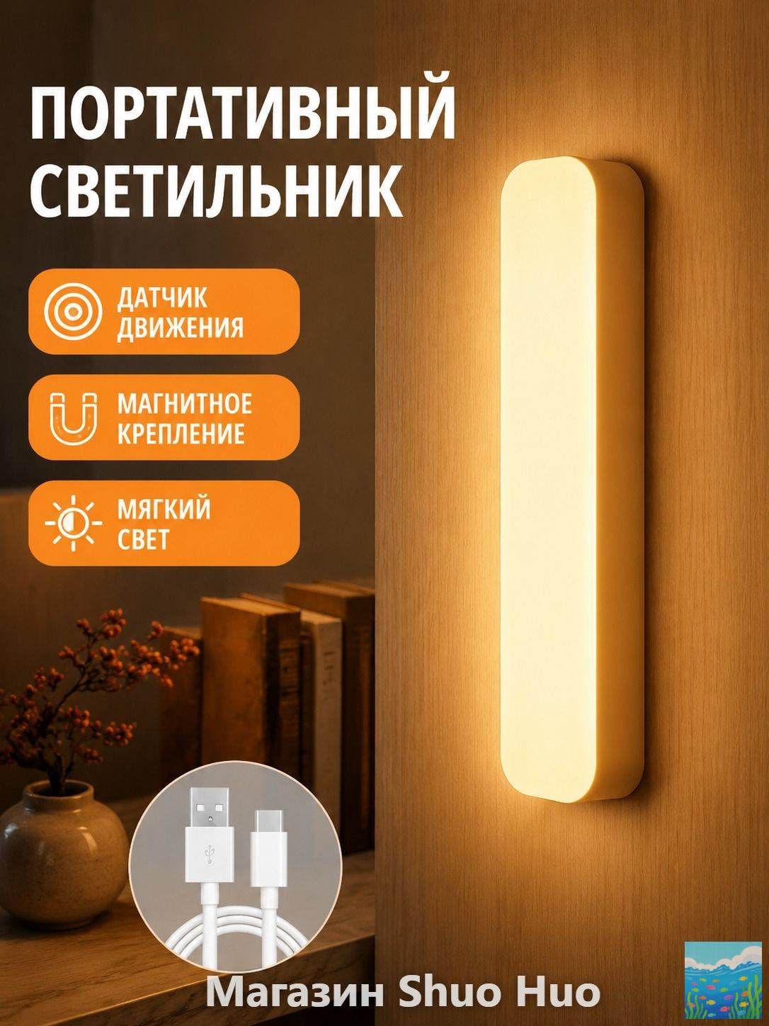 Светодиодный сенсорный ночник с зарядкой, тёплый свет, 1 шт.
