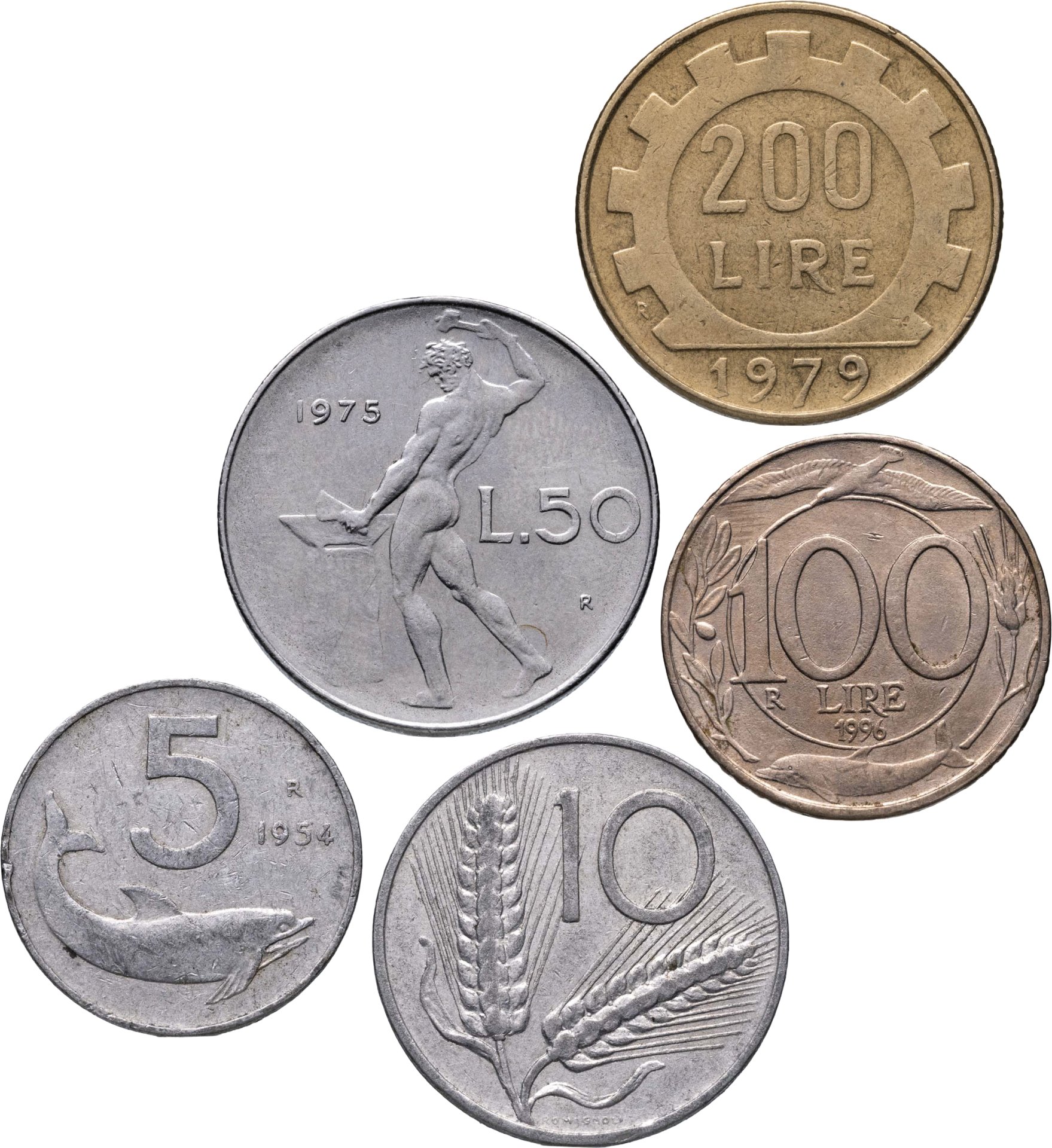 Италия набор из 5 монет 5, 10, 50, 100, 200 лир 1954-1996, Различные сплавы, в сохранности VF-AU