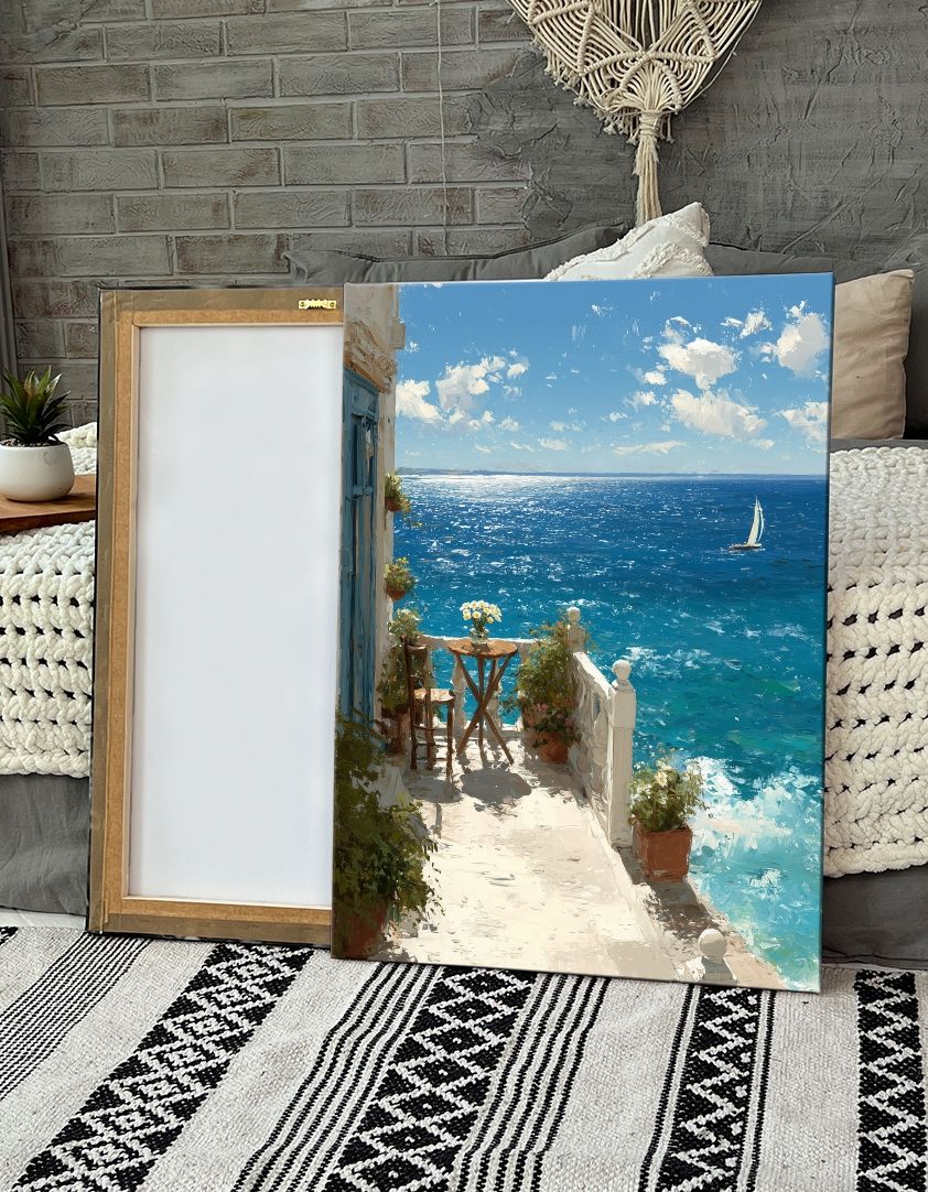 Картина на холсте (море, балкон, цветы, столик, стулья, парусник, небо) 30x40 см. Интерьерная на стену. Украшение в комнату. В подарок.