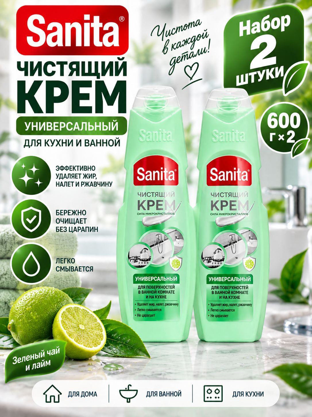 Набор 2 шт Санита - Чистящий крем для кухни и ванной Universal Зеленый чай и лайм 600 г