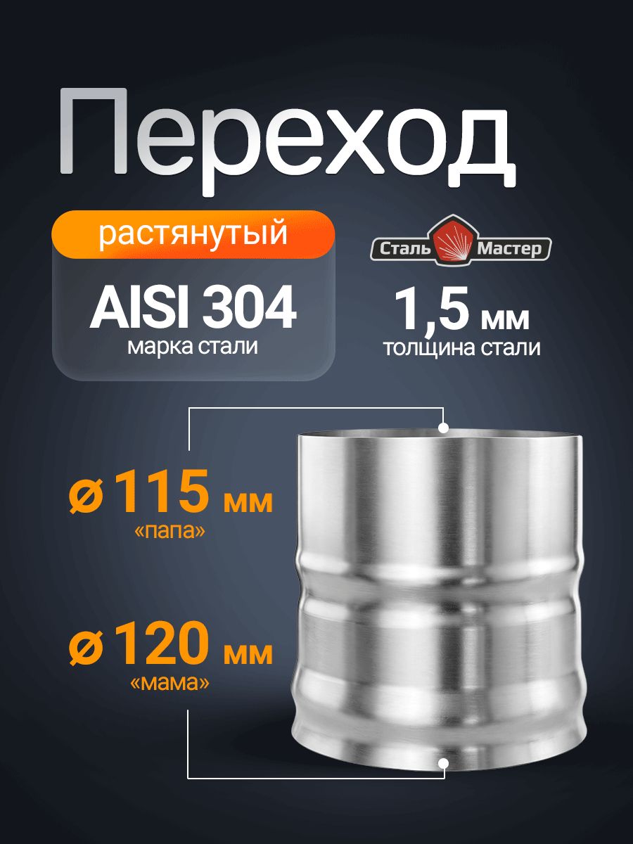 Переход растянутый для дымохода нерж 1,5 мм L 120