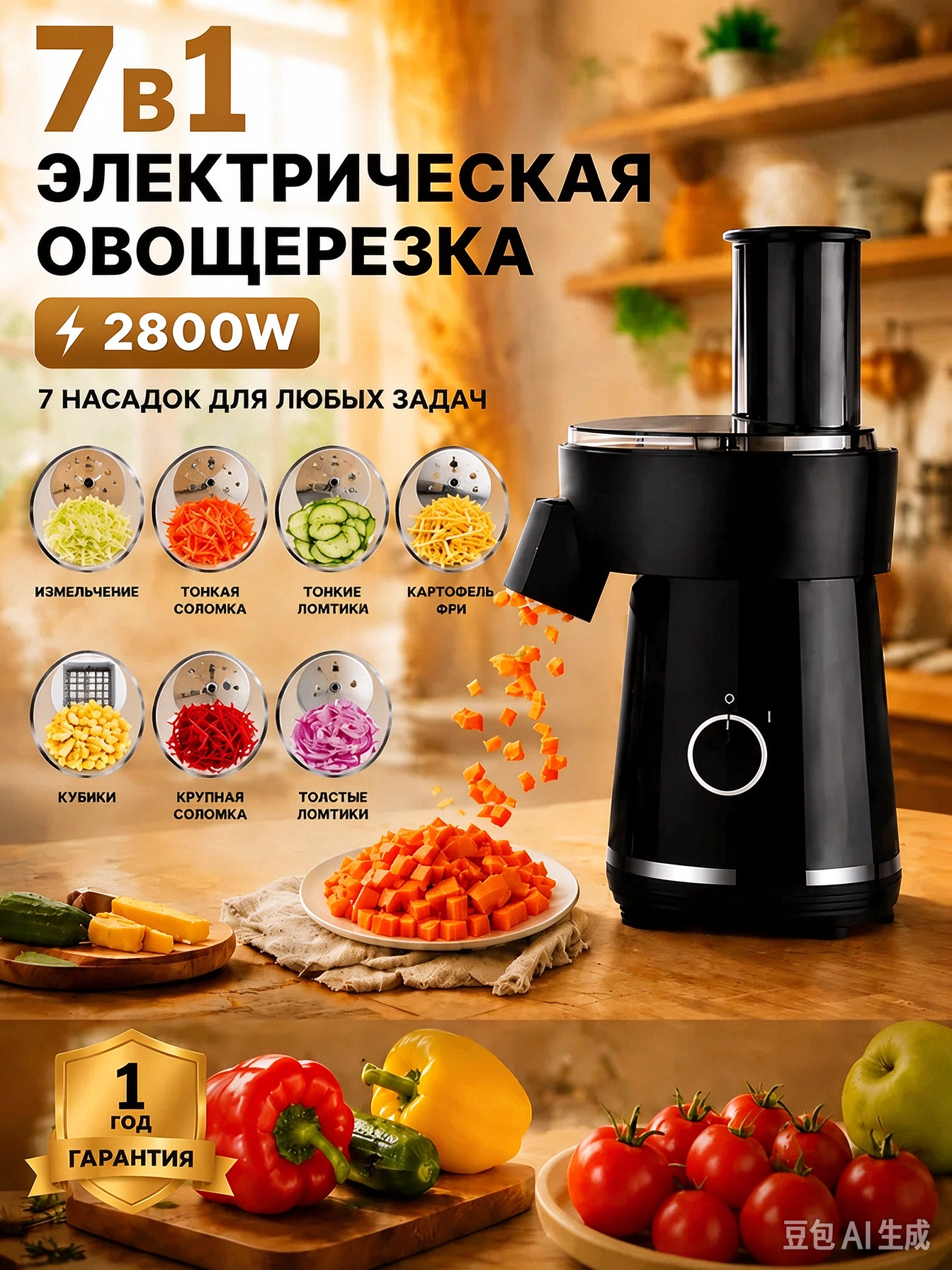 Овощерезка электрическая 7 в 1, с функцией нарезки кубиками и кубикамикартофеля фри, мультислайсер терка для овощей, мощность 2800 Вт