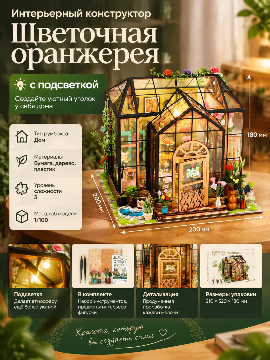 Интерьерный конструктор «Цветочная оранжерея» с подсветкой, 200×200×180 мм