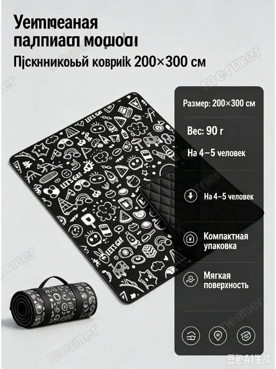 Коврик туристический для пикника 200 на 300 см, толщина 2000 мм, 1 шт