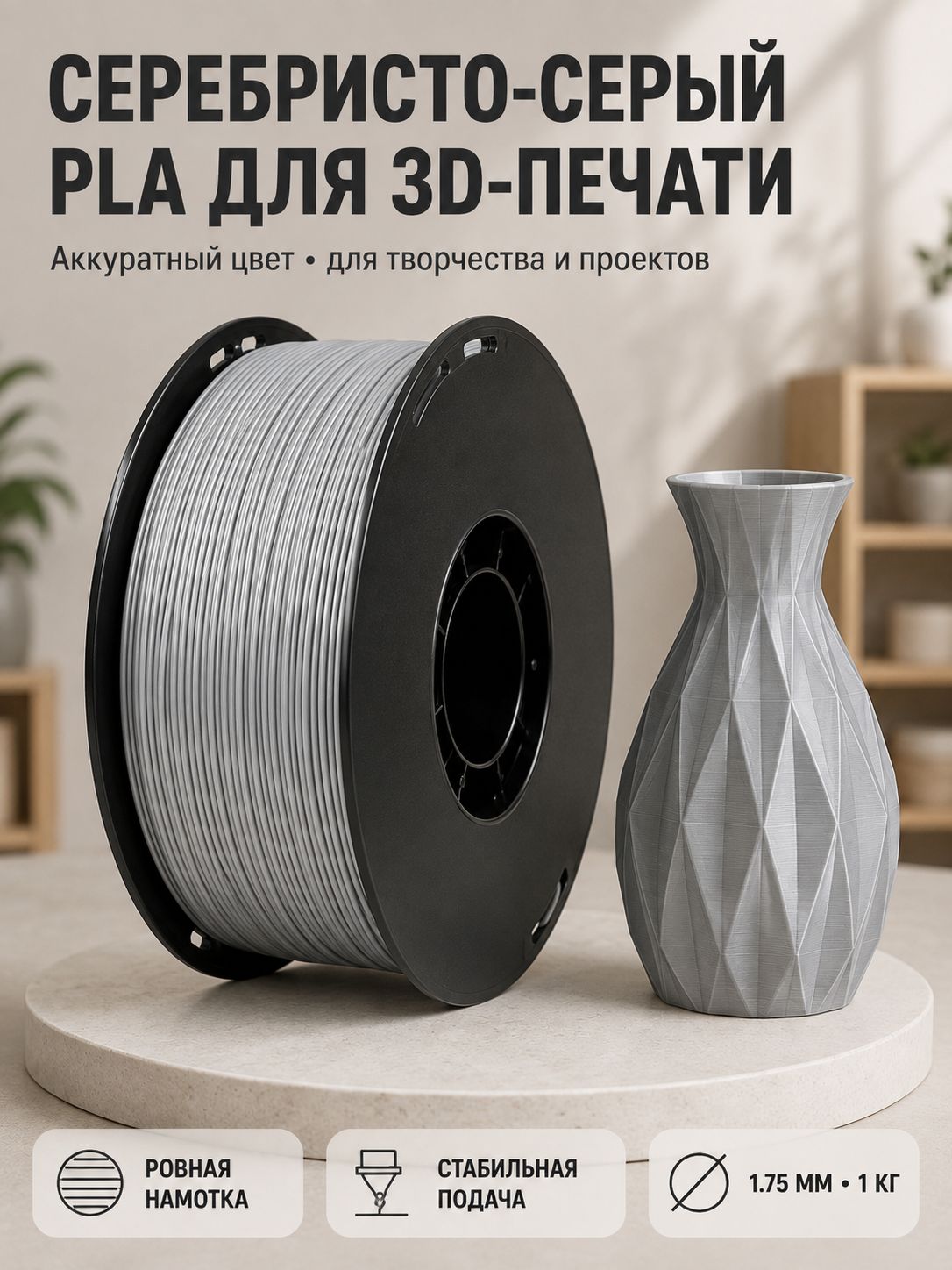 PLA серебристый пластик для 3d печати 1,75мм, 1 мотков филамента по 1 кг