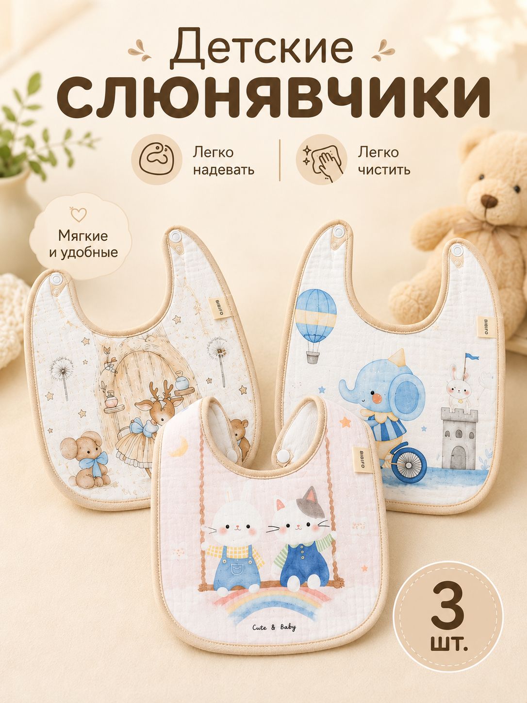 Слюнявчики для новорожденных для кормления непромокаемые3шт